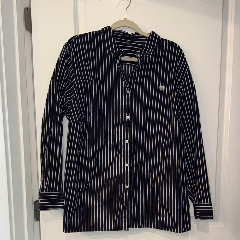 Chaps Black and White Striped Women's Button Down Shirt